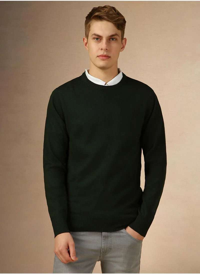 Dennis Lingo Men's Dark Green 100% Acrylic Solid Regular Fit Sweater