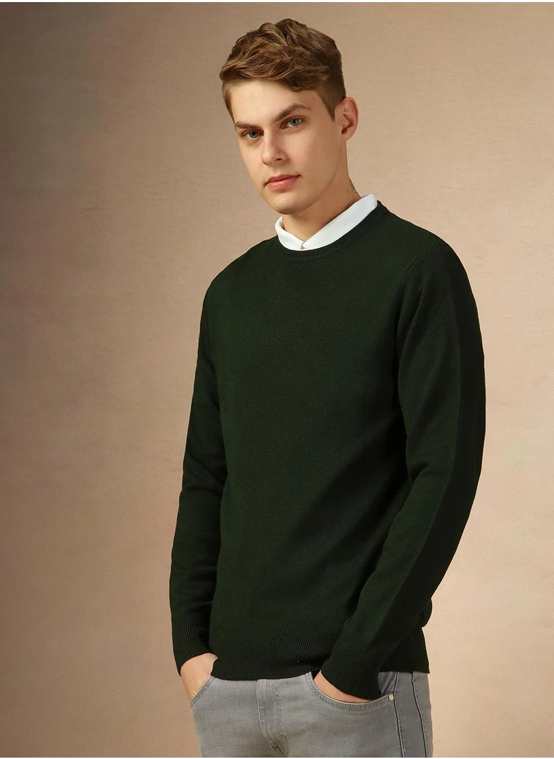 Dennis Lingo Men's Dark Green 100% Acrylic Solid Regular Fit Sweater