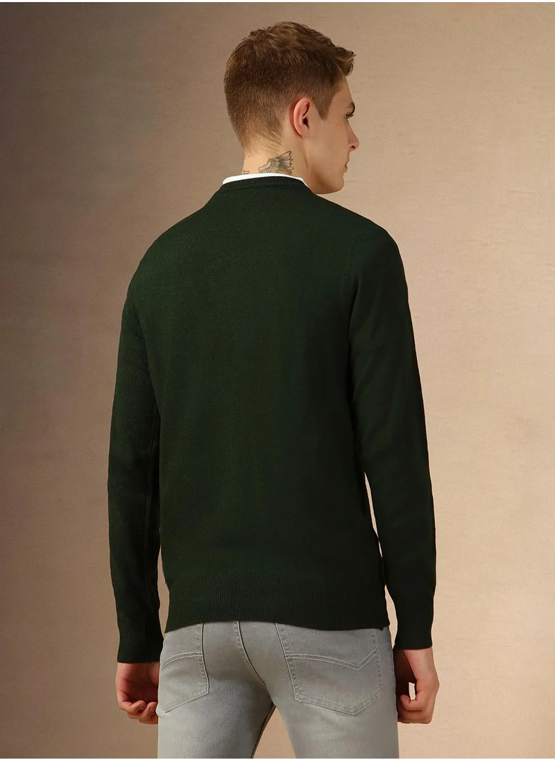 Dennis Lingo Men's Dark Green 100% Acrylic Solid Regular Fit Sweater