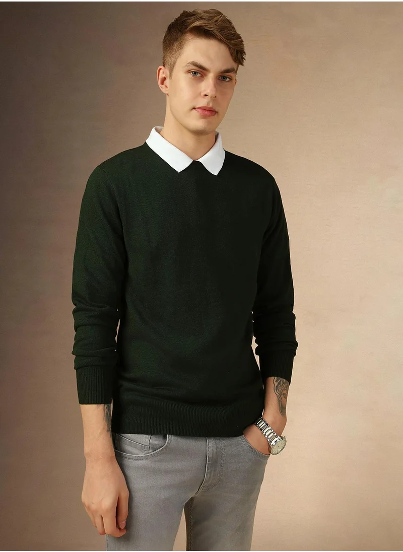 Dennis Lingo Men's Dark Green 100% Acrylic Solid Regular Fit Sweater