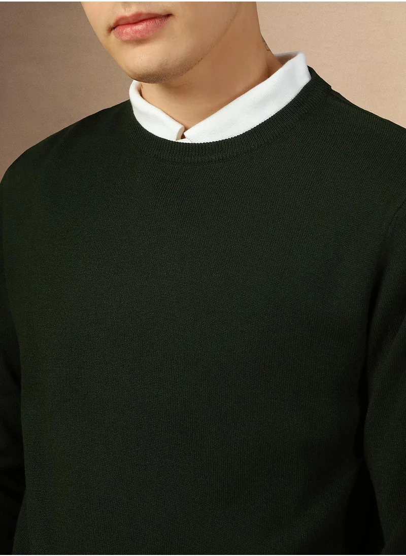 Dennis Lingo Men's Dark Green 100% Acrylic Solid Regular Fit Sweater