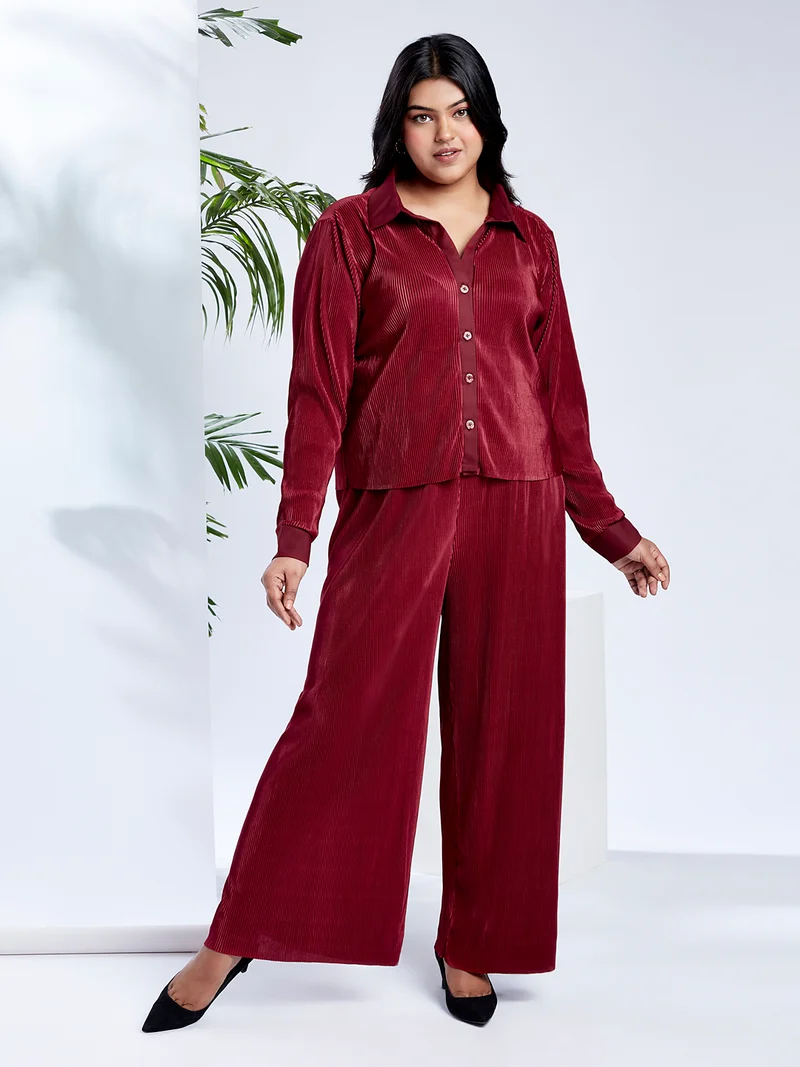 globus Globus Gloplus Women Maroon Self Design Accordion Pleats Shirt Style Top with Wide Leg Trousers Plus Size Party Co-Ord Set