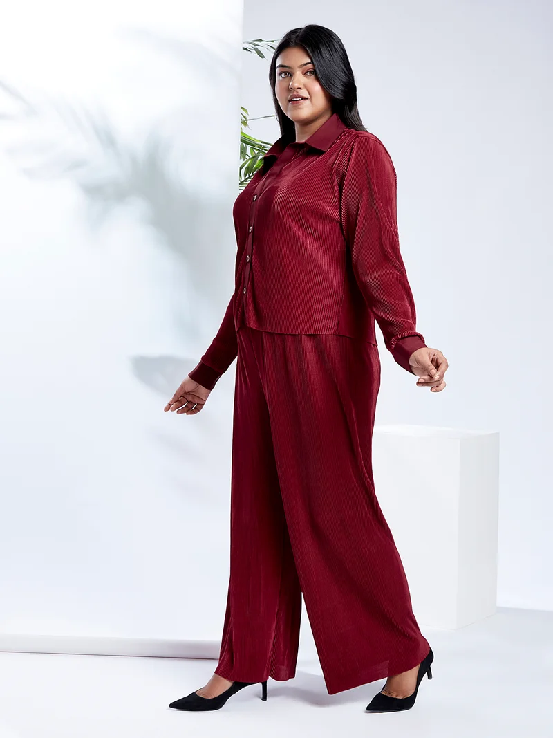 globus Globus Gloplus Women Maroon Self Design Accordion Pleats Shirt Style Top with Wide Leg Trousers Plus Size Party Co-Ord Set