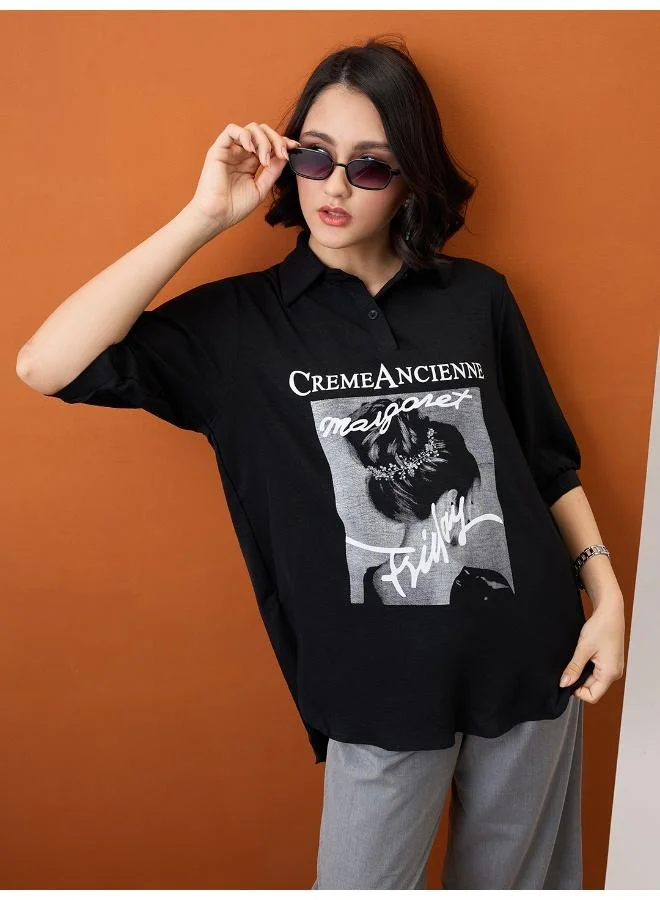 globus Globus Women Black Collared Neck Graphic Print High Low Hem Oversized Shirt Style Top