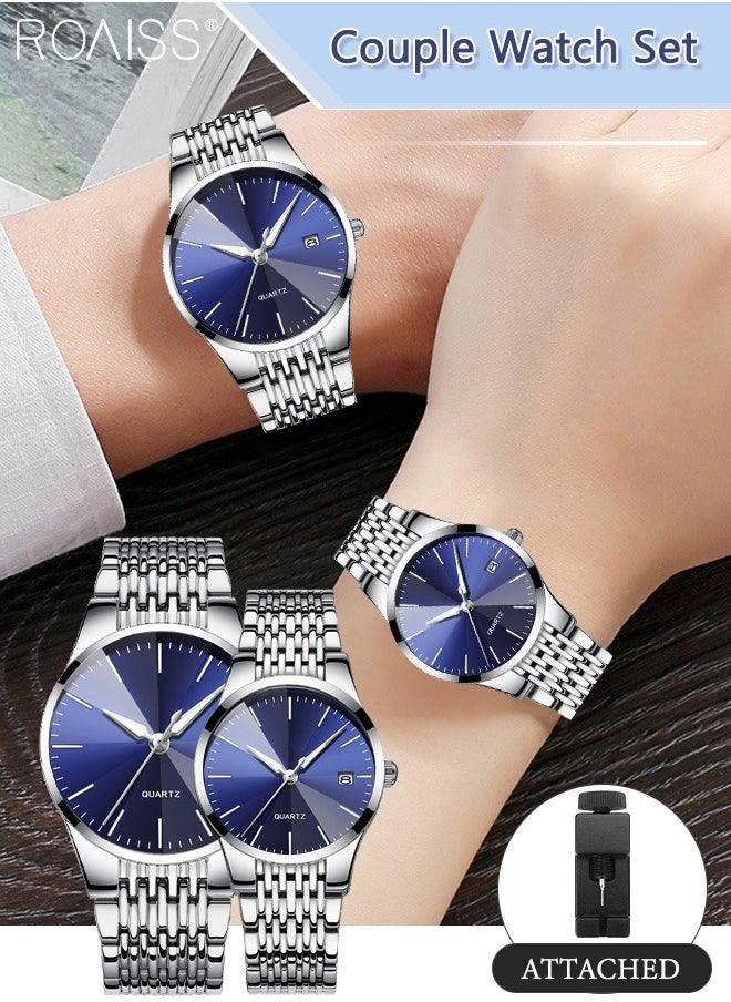 roaiss - Alloy Strap Couple Quartz Watch Set, Analog Display Round Dial, Luxurious Luminous Waterproof Calendar Watch Gift for Men Women, Silver Blue - Image 1