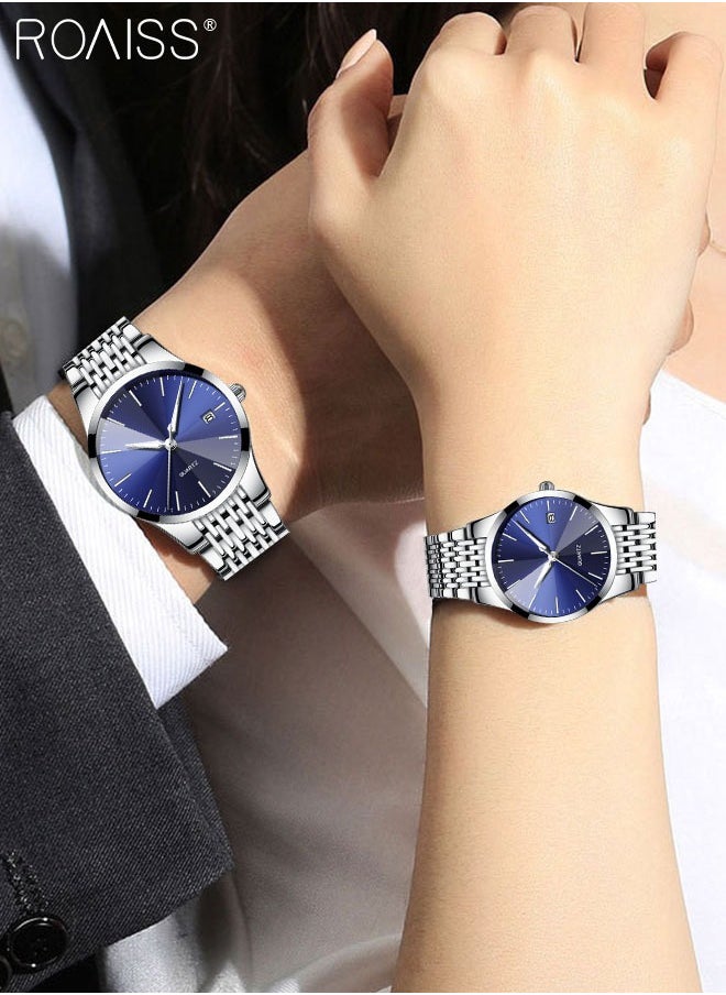 roaiss - Alloy Strap Couple Quartz Watch Set, Analog Display Round Dial, Luxurious Luminous Waterproof Calendar Watch Gift for Men Women, Silver Blue - Image 1