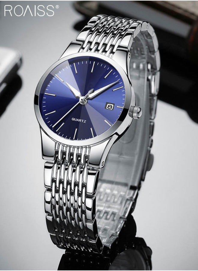 roaiss - Alloy Strap Couple Quartz Watch Set, Analog Display Round Dial, Luxurious Luminous Waterproof Calendar Watch Gift for Men Women, Silver Blue - Image 1