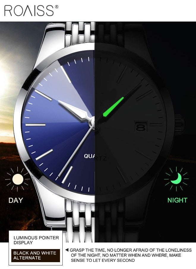 roaiss - Alloy Strap Couple Quartz Watch Set, Analog Display Round Dial, Luxurious Luminous Waterproof Calendar Watch Gift for Men Women, Silver Blue - Image 1