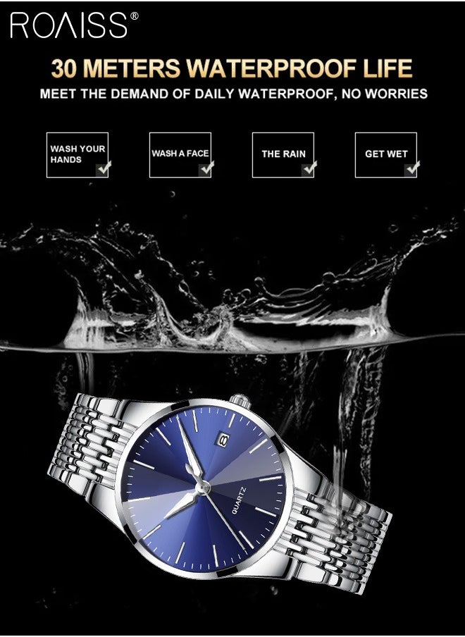 roaiss - Alloy Strap Couple Quartz Watch Set, Analog Display Round Dial, Luxurious Luminous Waterproof Calendar Watch Gift for Men Women, Silver Blue - Image 1