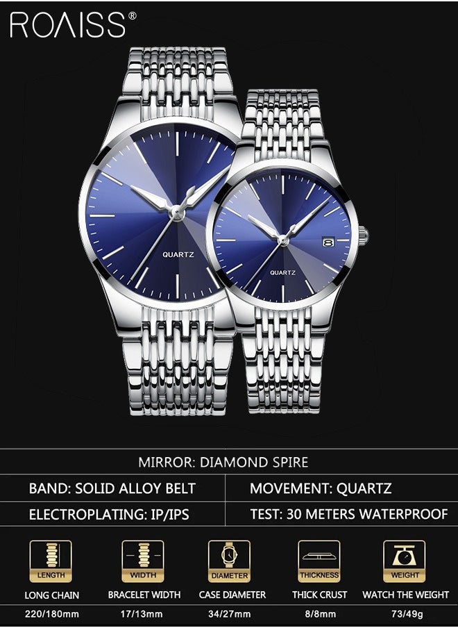 roaiss - Alloy Strap Couple Quartz Watch Set, Analog Display Round Dial, Luxurious Luminous Waterproof Calendar Watch Gift for Men Women, Silver Blue - Image 1
