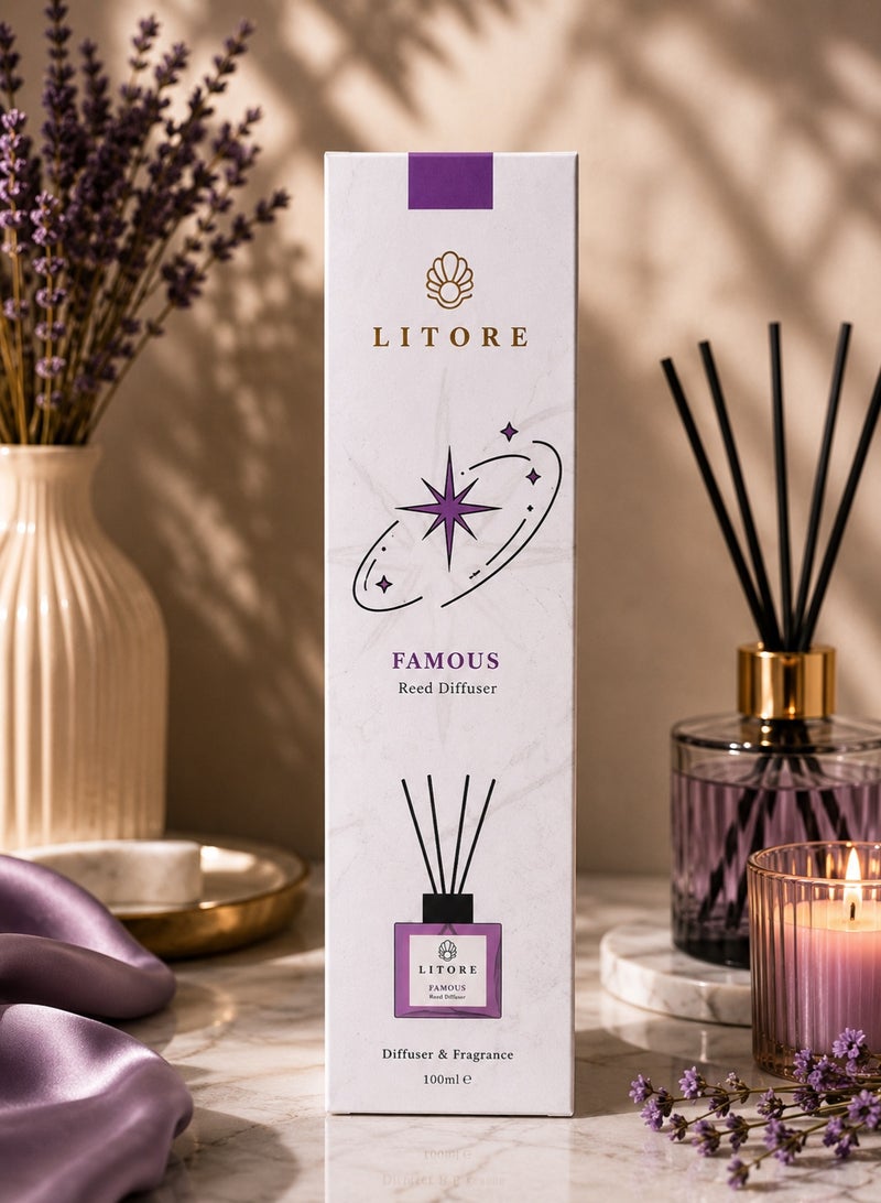 Litore Reed Diffuser - Famous Fragrance, 100ml | Long-Lasting Home Fragrance | Natural & Elegant Room Diffuser - Image 4