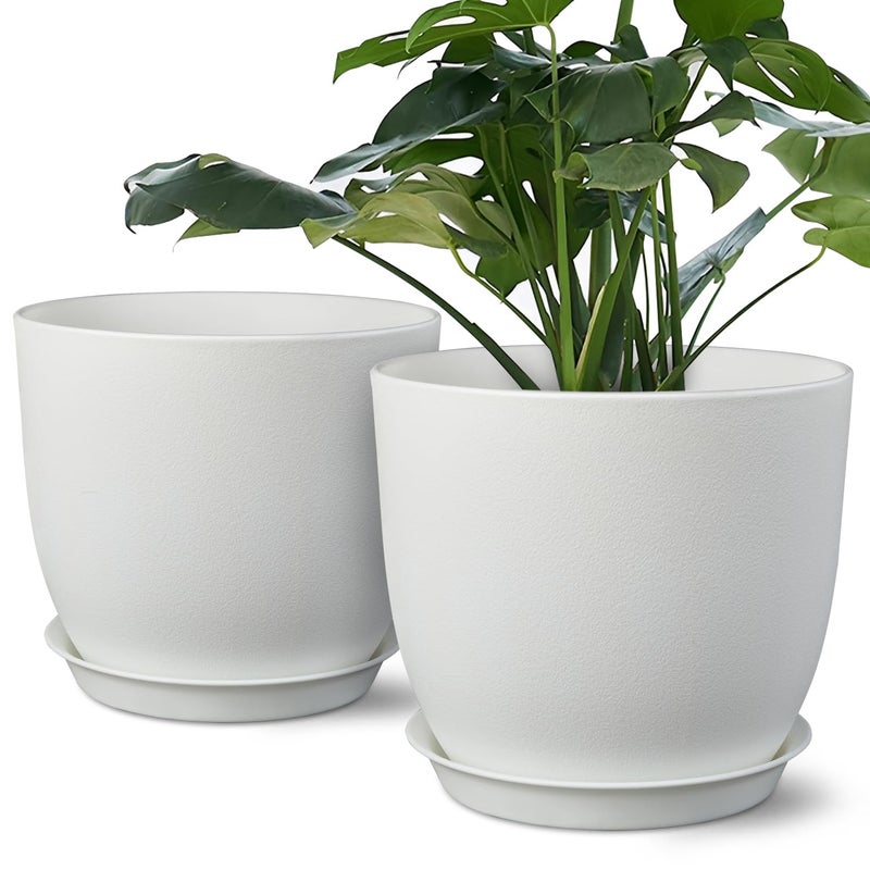 Ferlypote Plant Pots 8 Inch Set of 2, Flower Pots with Multi Mesh Drainage Holes, Planters for Indoor Outdoor Garden Plants and Flowers (White) - Image 1