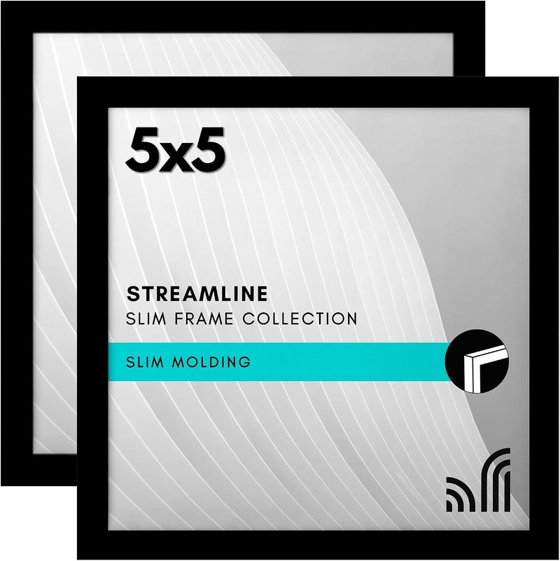 Americanflat 5x5 Picture Frame with Shatter-Resistant Glass - Set of 2 - Streamline Collection - Thin Picture Frame for Wall or Tabletop Display - Black - Image 1