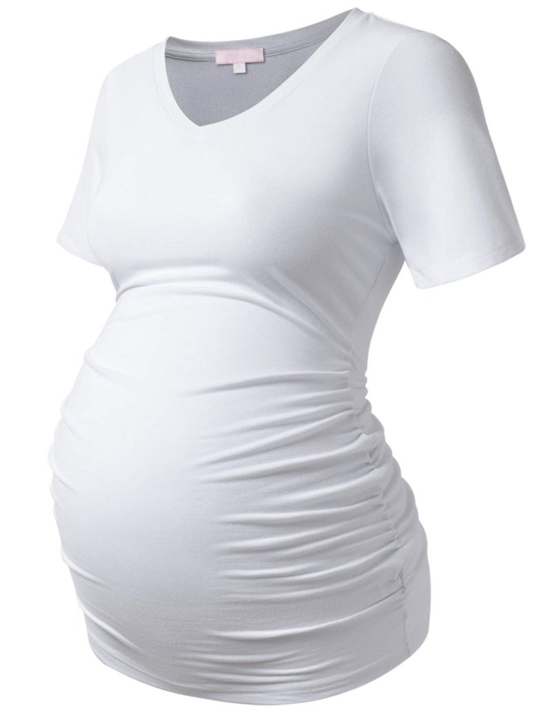 Bhome Maternity T Shirt Short Sleeve Shirts Vneck Tshirt Side Ruched Tee Top White L