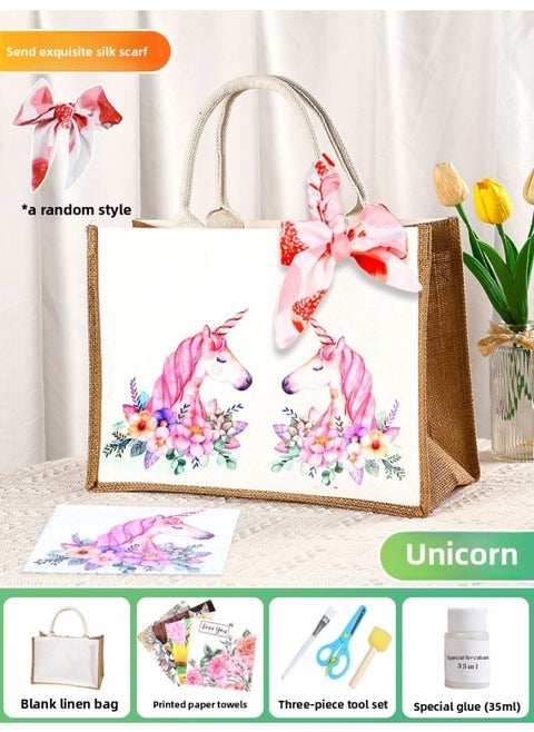 Butterfly Ancient Bart Material Bag Diy Mother's Day Canvas Bag Children's Handmade Creative Linen Bag Group Building Activity Gift-Color:Horizontal Style [unicorn] Comes With A Full Set Of Tools + Detailed Tutorials