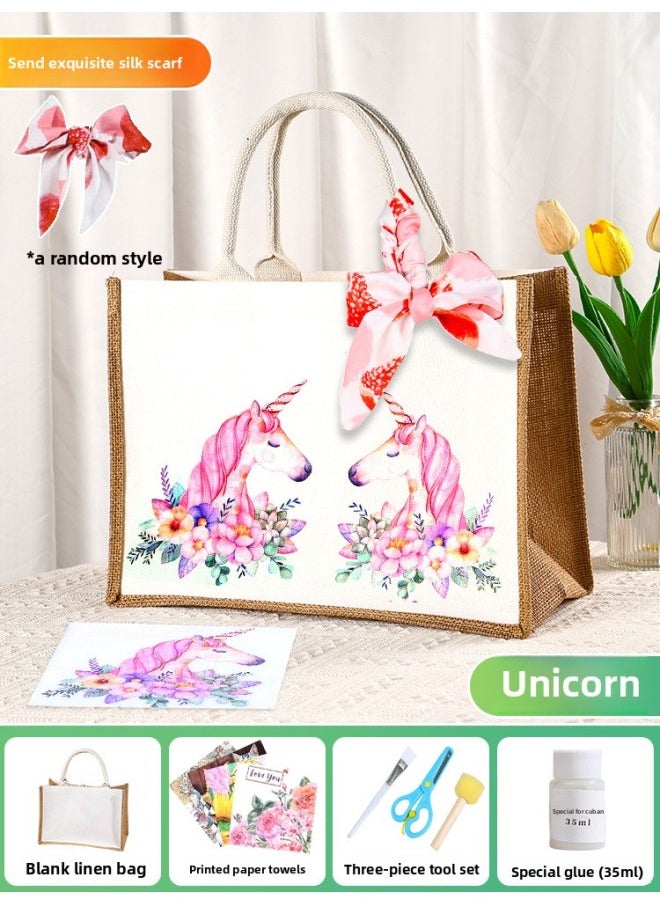 null - Butterfly Ancient Bart Material Bag Diy Mother's Day Canvas Bag Children's Handmade Creative Linen Bag Group Building Activity Gift-Color:Horizontal Style [unicorn] Comes With A Full Set Of Tools + Detailed Tutorials - Image 1