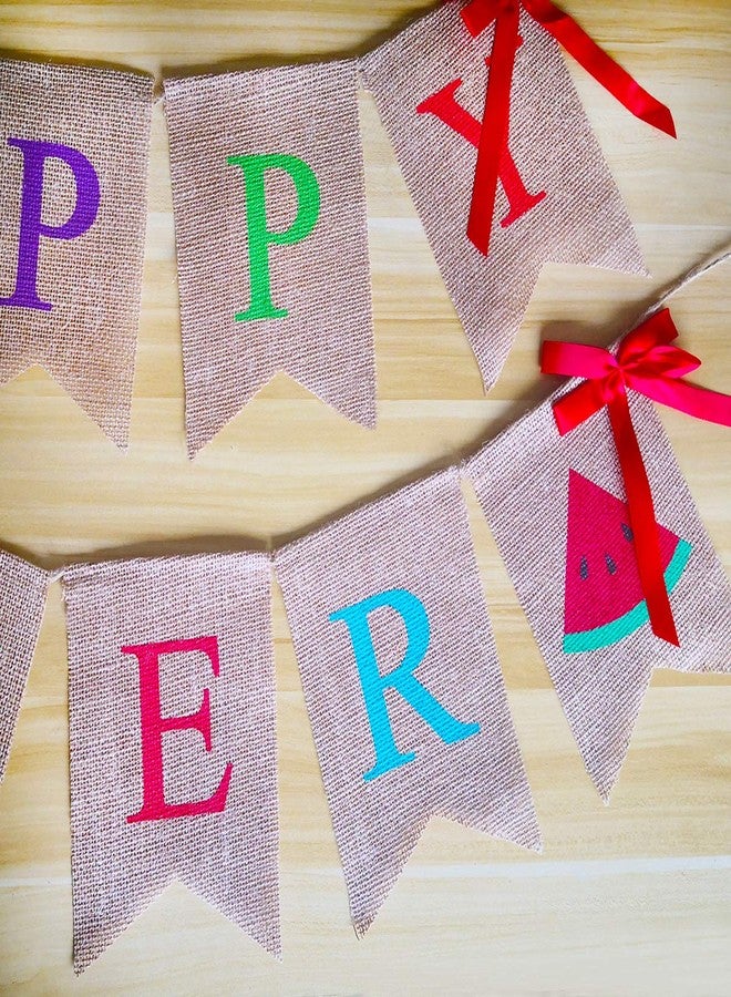Acekar 2Pack Happy Summer Burlap Banner Rustic Garland Decorations with Sun and Watermelon, Pool Beach Barbecue Hawaiian Party Decor Supplies - Image 3