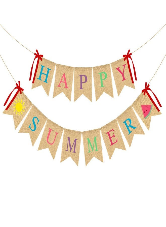 Acekar 2Pack Happy Summer Burlap Banner Rustic Garland Decorations with Sun and Watermelon, Pool Beach Barbecue Hawaiian Party Decor Supplies - Image 1