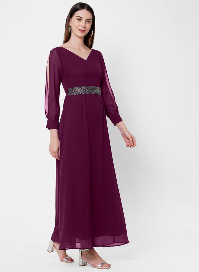 ميش فستان طويل سادة بقصة جورجيت وأكمام بشق - Image 3