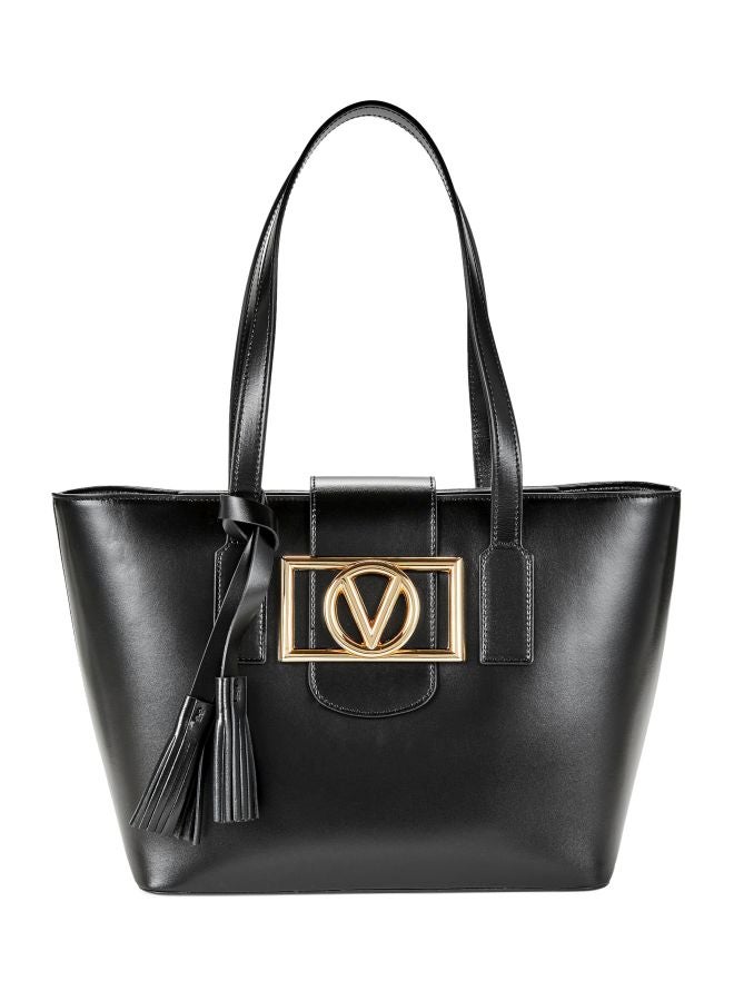 Solid Delphine Logo Leather Tote Bag for Women Black