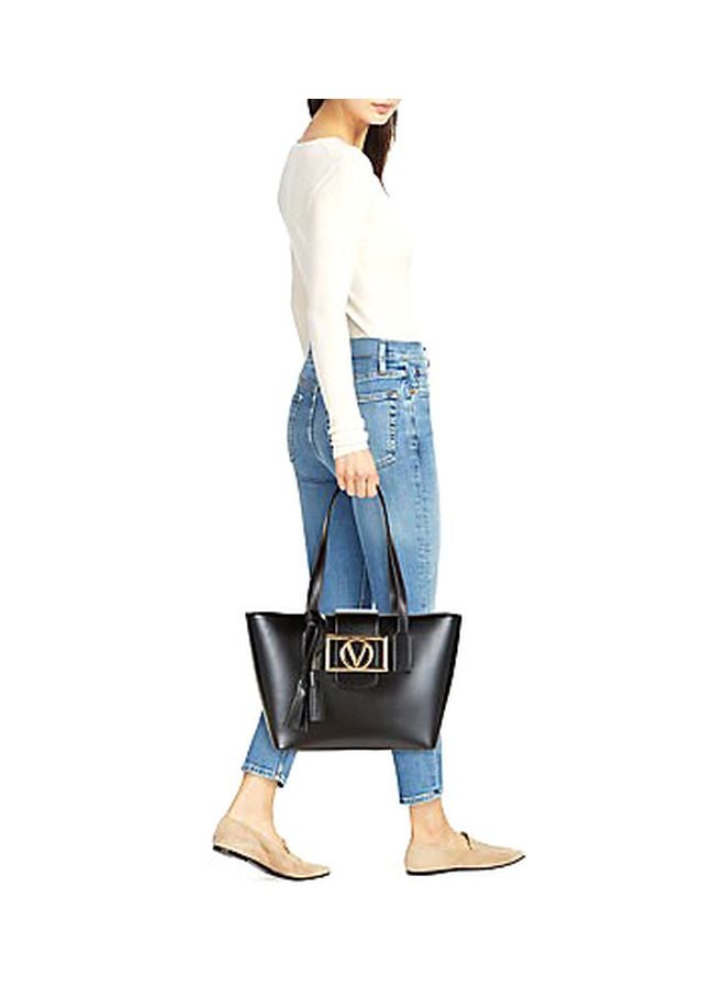 Solid Delphine Logo Leather Tote Bag for Women Black