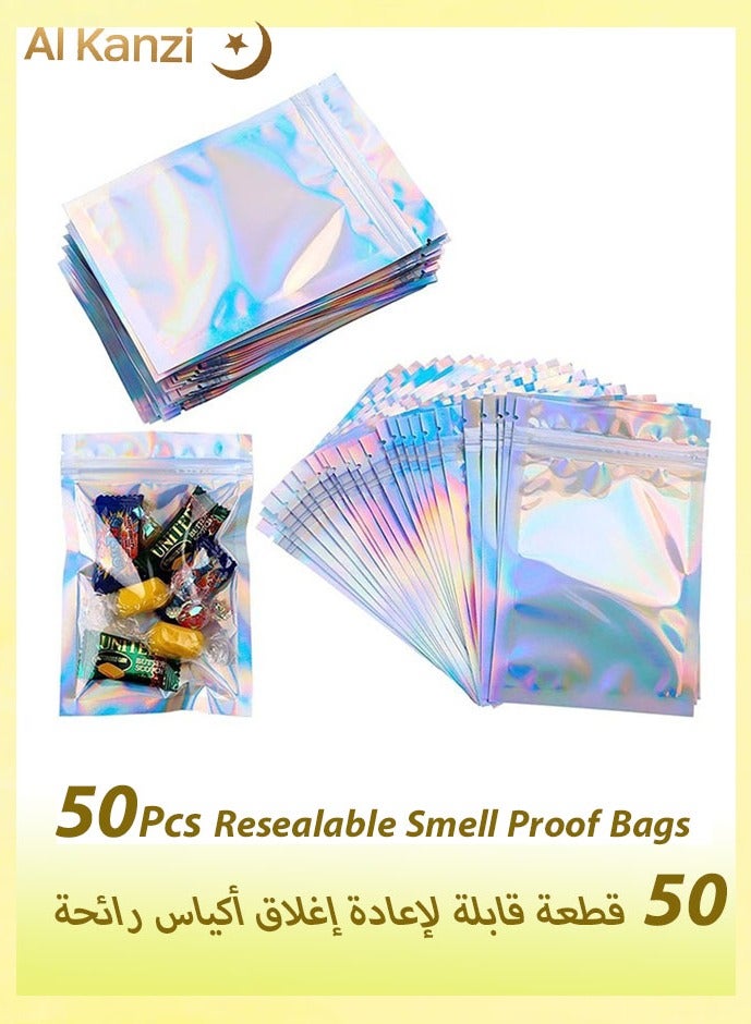 Al Kanzi 50 Pieces Resealable Smell Proof Foil Pouch Bags, Flat Clear Ziplock Food Storage Bags Plastic Packaging Foil Mylar Bags For Party Favor Food Storage (Holographic Rainbow Color)  - Image 1