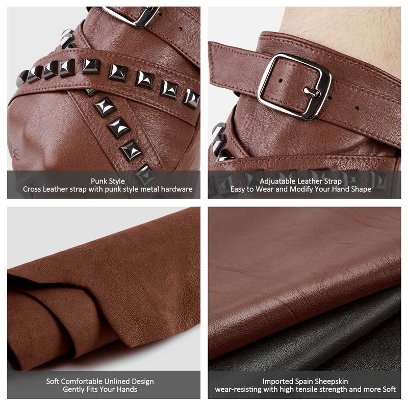 FIORETTO Men Leather Fingerless Gloves Punk Driving Gloves Unlined Sheepskin Half Finger Gloves Brown Small - Image 4