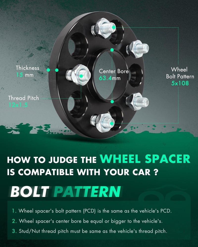 SCITOO سبائك العجلات SCITOO 2 قطعة 5x108 سماكة 15 مم فتحة 63.4 مم مسامير 12x1.5 لسيارات فولفو وجاغوار - Image 2