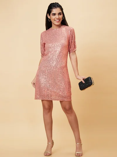 globus Globus Women Embellished High Neck Puff Sleeves Sequined Sheath Party Dress