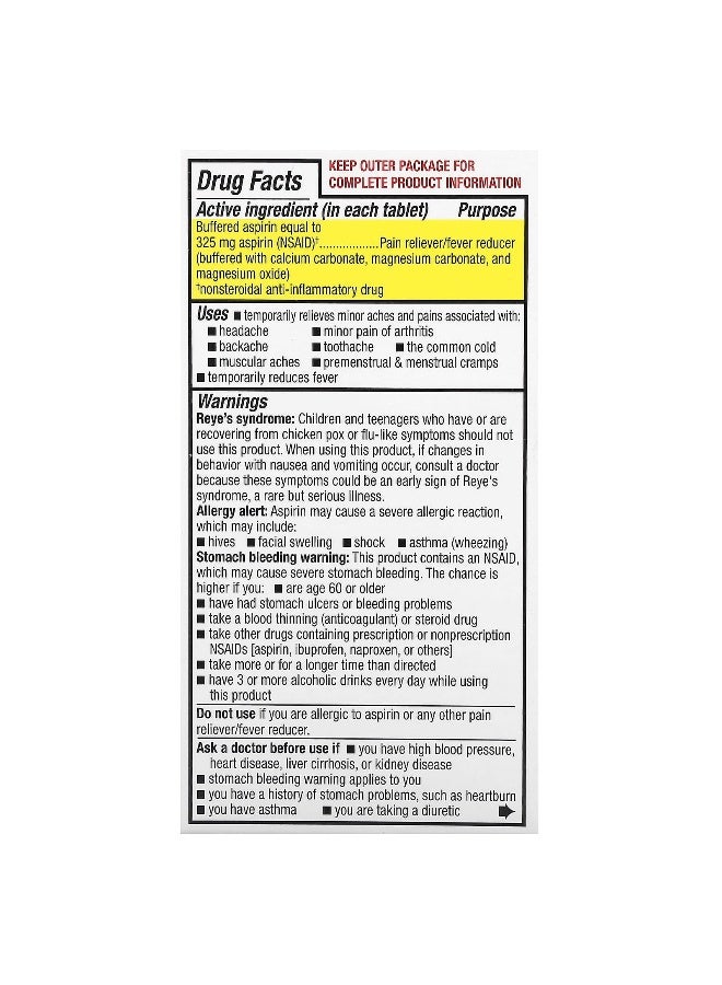 Bufferin Bufferin, Buffered Aspirin (NSAID), Regular Strength, 650 mg, 130 Coated Tablets (325 mg per Tablet) - Image 2