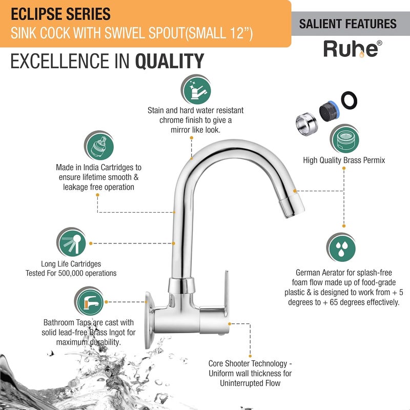 Ruhe® Sink Cock Faucet/Tap | 12Inch Eclipse Sink Cock with Flexible Swivel Spout Faucet/Tap | Wall Mount with Chrome Finish for Kitchen Sinks, Brass - Image 3