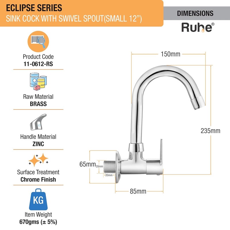 Ruhe® Sink Cock Faucet/Tap | 12Inch Eclipse Sink Cock with Flexible Swivel Spout Faucet/Tap | Wall Mount with Chrome Finish for Kitchen Sinks, Brass - Image 2