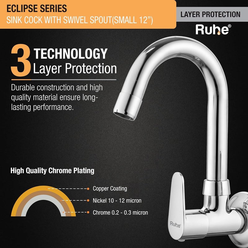 Ruhe® Sink Cock Faucet/Tap | 12Inch Eclipse Sink Cock with Flexible Swivel Spout Faucet/Tap | Wall Mount with Chrome Finish for Kitchen Sinks, Brass - Image 4