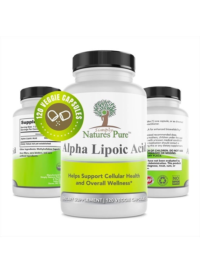 Simply Natures Pure Alpha Lipoic Acid 600mg 120 Veggie Capsules, Non-GMO Thioctic Acid 4 Month Supply - Image 1