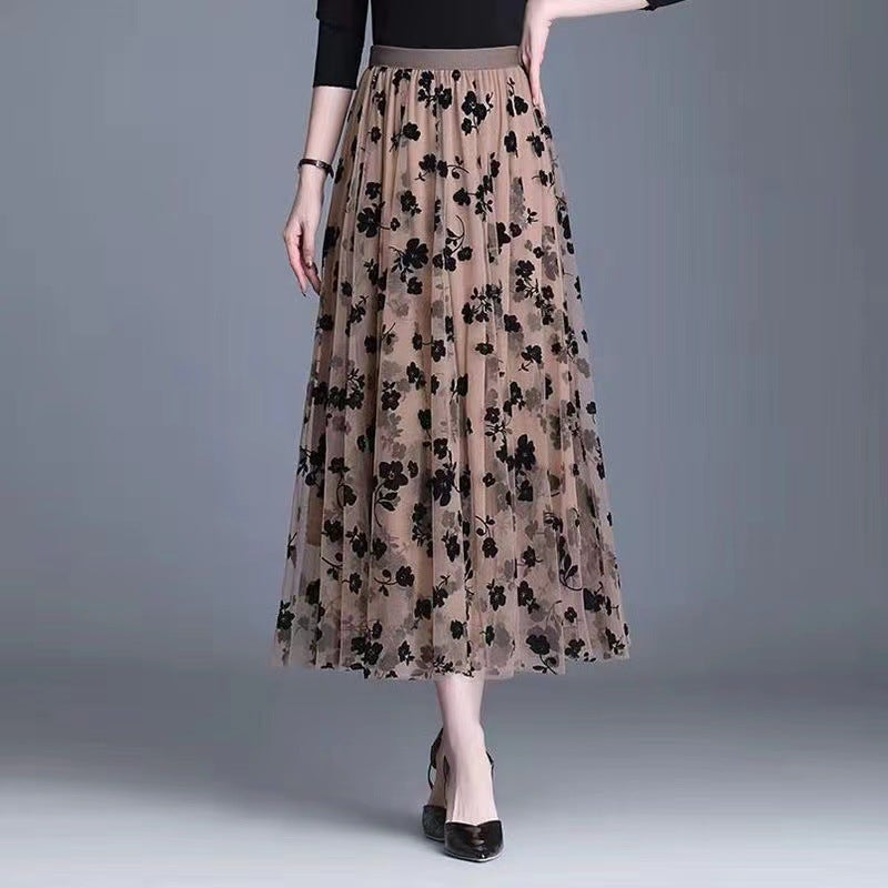 Double-sided Flocking Mesh Skirt Women's Slimming Mid-length New Spring High Waist A- line Skirt Pleated Skirt Large Swing  - Image 4