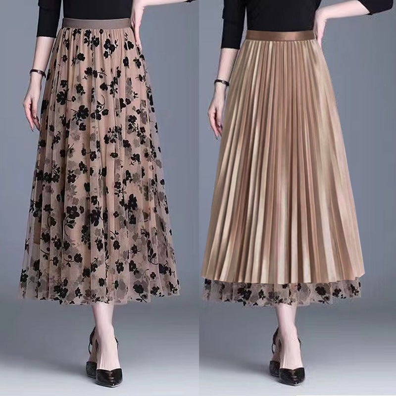 Double-sided Flocking Mesh Skirt Women's Slimming Mid-length New Spring High Waist A- line Skirt Pleated Skirt Large Swing  - Image 5