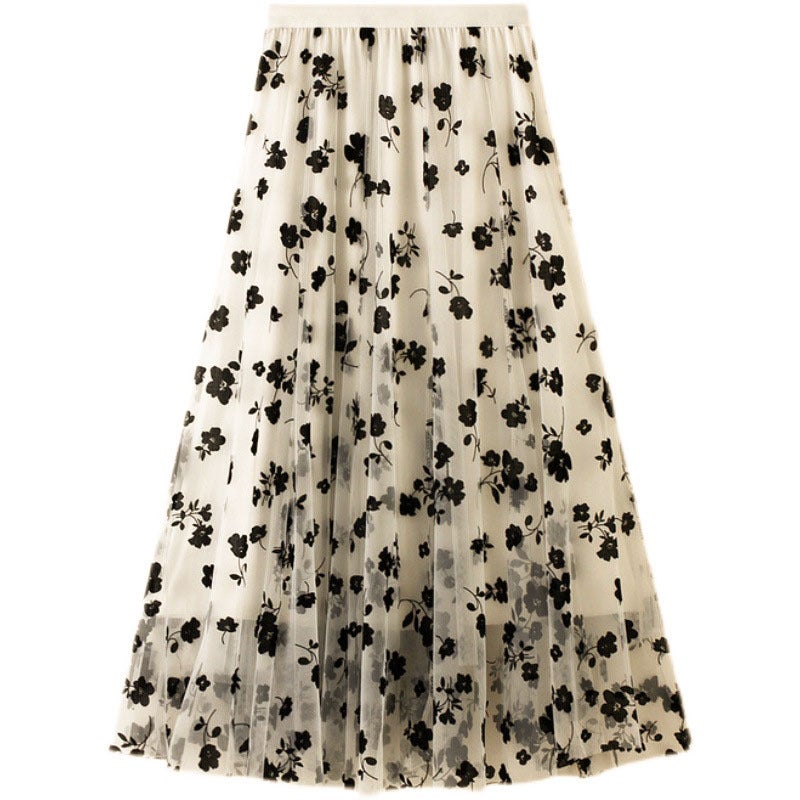 Double-sided Flocking Mesh Skirt Women's Slimming Mid-length New Spring High Waist A- line Skirt Pleated Skirt Large Swing  - Image 1
