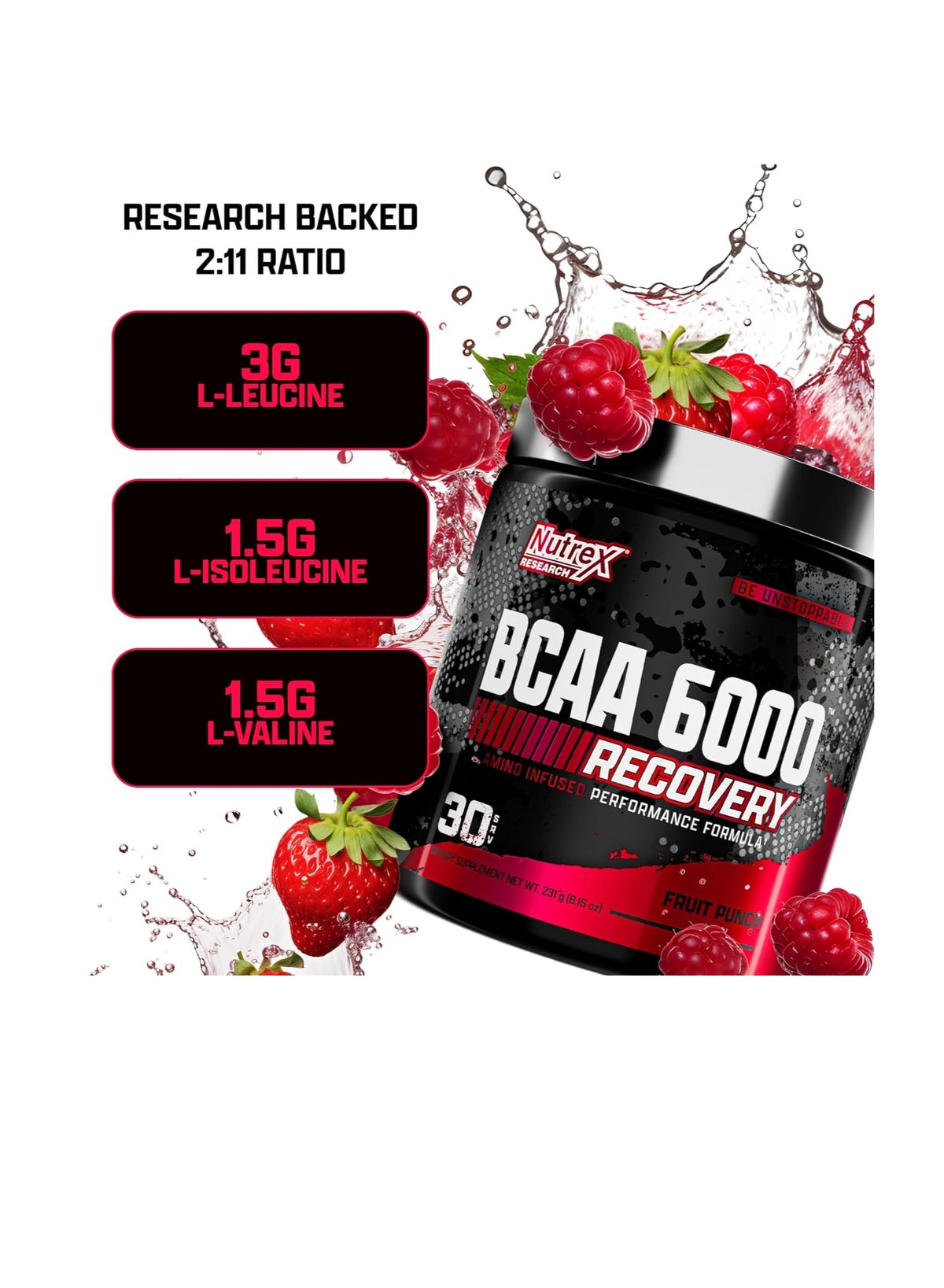 Nutrex Research Bcaa Powder 6000 Recovery Fruit Punch Flavour 231g 30'S