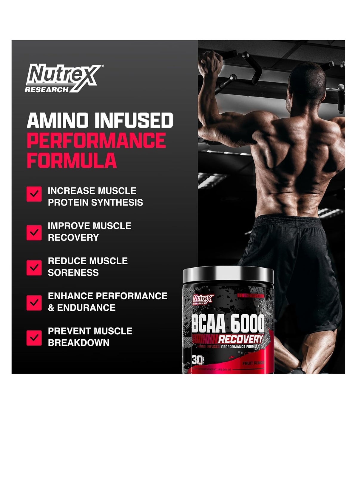 Nutrex Research Bcaa Powder 6000 Recovery Fruit Punch Flavour 231g 30'S