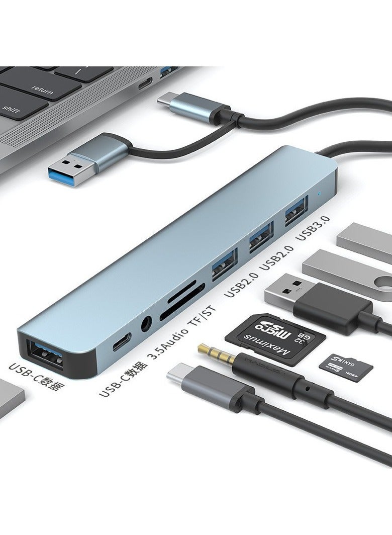 شيكسين محطة إرساء نقل عالية السرعة بمنفذين USB+Type-C 3.0، موزع USB، مزود بمنفذ USB 3.0، ومنفذ صوت 3.5 مم، وقارئ بطاقات SD/TF-8 في 1، وواجهة توسيع للكمبيوتر المحمول/الكمبيوتر المكتبي. - Image 3