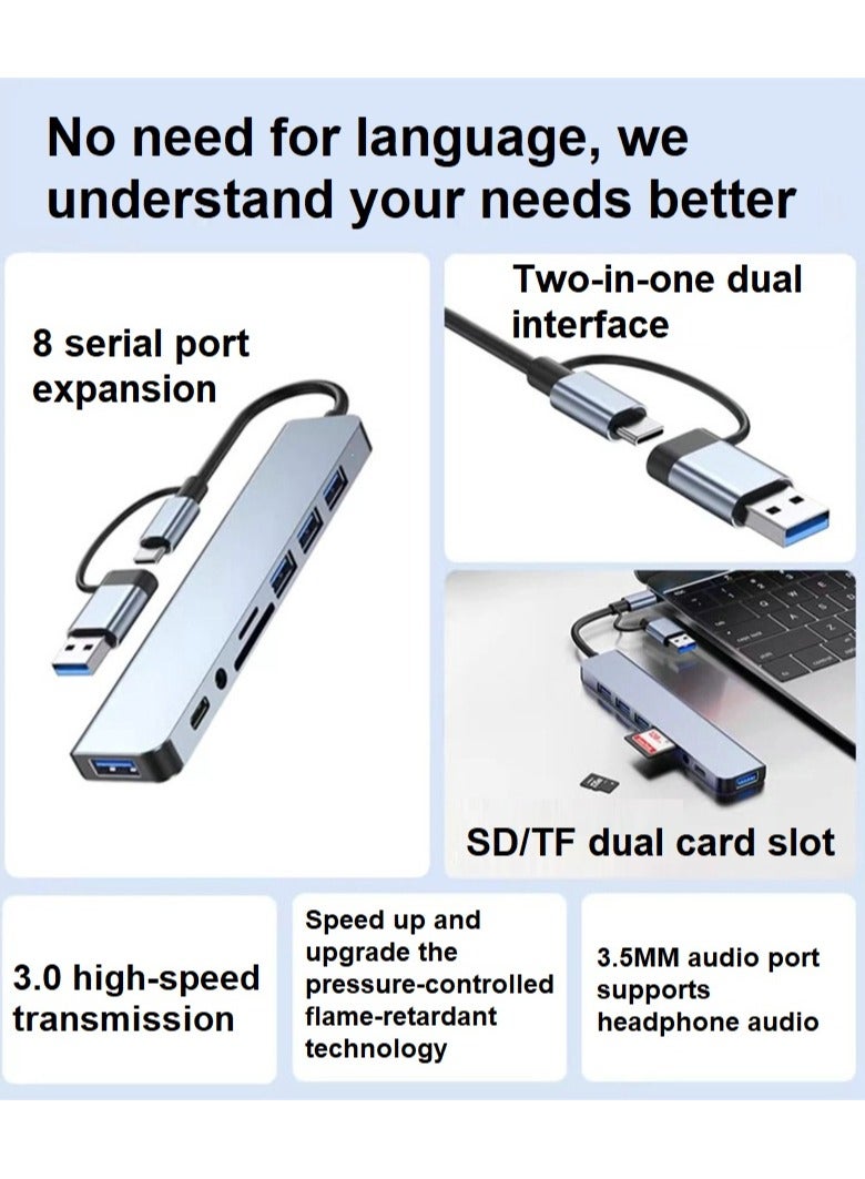 شيكسين محطة إرساء نقل عالية السرعة بمنفذين USB+Type-C 3.0، موزع USB، مزود بمنفذ USB 3.0، ومنفذ صوت 3.5 مم، وقارئ بطاقات SD/TF-8 في 1، وواجهة توسيع للكمبيوتر المحمول/الكمبيوتر المكتبي. - Image 4