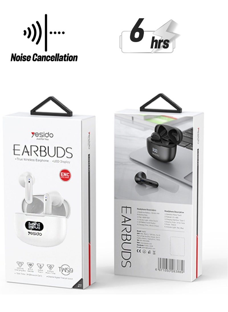 Yesido Earbuds TWS19 Bluetooth 5.3 LED Digital Display ENC Noise Reduction Bluetooth Earphone White - Image 1
