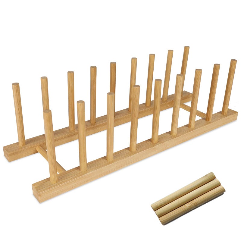 SAMEBUTECO Bamboo Wooden Dish Racks Plate Stand Holder Kitchen Cabinet Organizer 8 Slots Dish, Pots, Lids, Bowls, Cups, and Cutting Boards and Books Vertical Drainer - Image 1