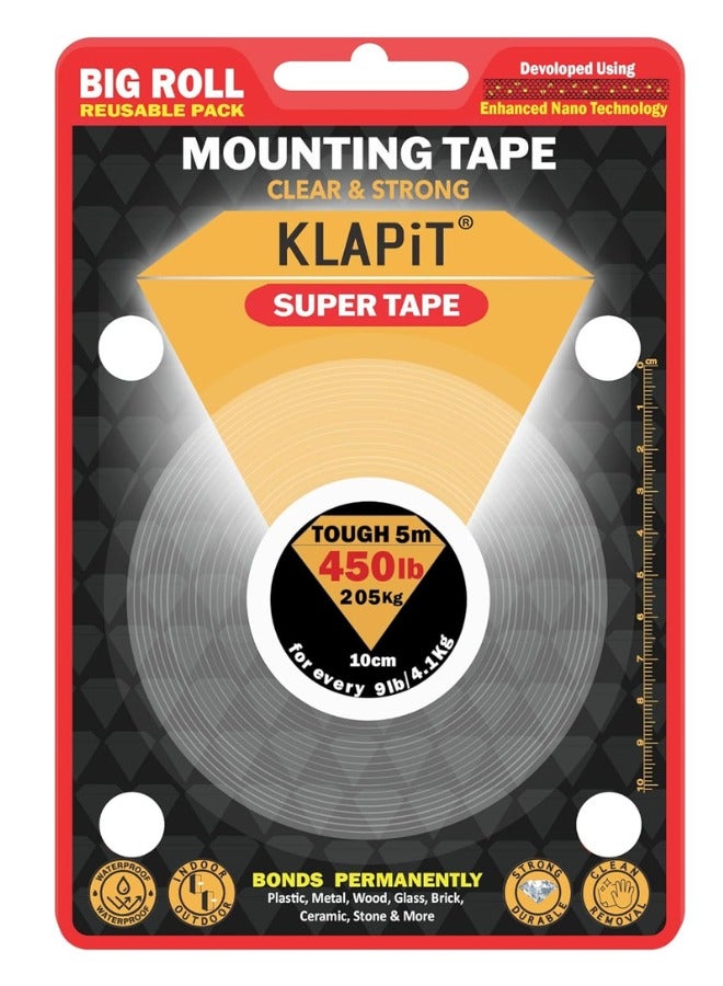 KLAPiT SUPER TAPE Tough 5 Meter Extreme Use Mounting Double Sided Heavy Duty Clear Waterproof for Outdoor, Rough Surface Holds 205Kg - Image 1