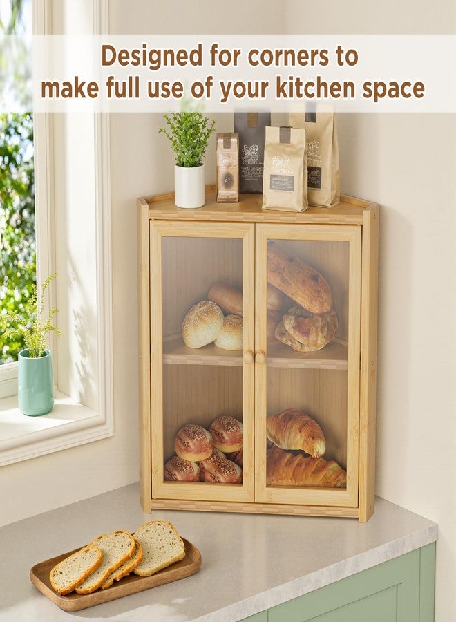 BAMBANG Corner Bread Box for Kitchen Countertop, Double Layer Bamboo Bread Storage Container with 2 Doors, Farmhouse Large Bread Bin under Cabinet, Wooden Breadbox Holder for Homemade Bread, Natural - Image 3