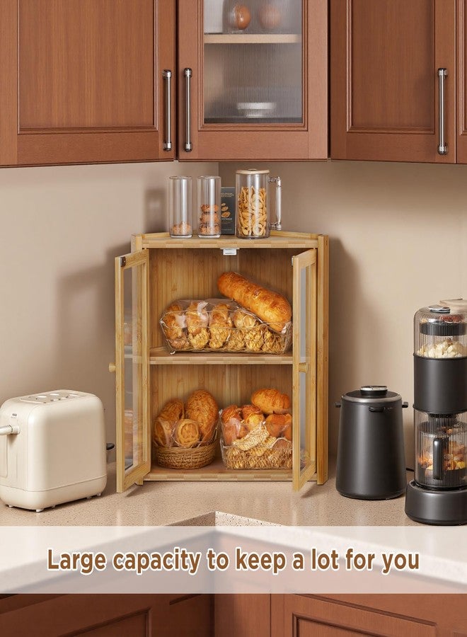 BAMBANG Corner Bread Box for Kitchen Countertop, Double Layer Bamboo Bread Storage Container with 2 Doors, Farmhouse Large Bread Bin under Cabinet, Wooden Breadbox Holder for Homemade Bread, Natural - Image 4
