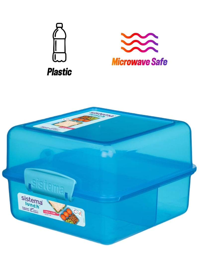 sistema - Sistema Lunch Cube Coloured 1.4L Two level Food Storage Box with multiple compartments and easy locking clips. Is Microwave & Dishwasher Safe and BPA Free, Blue , Made In New Zealand - Image 1