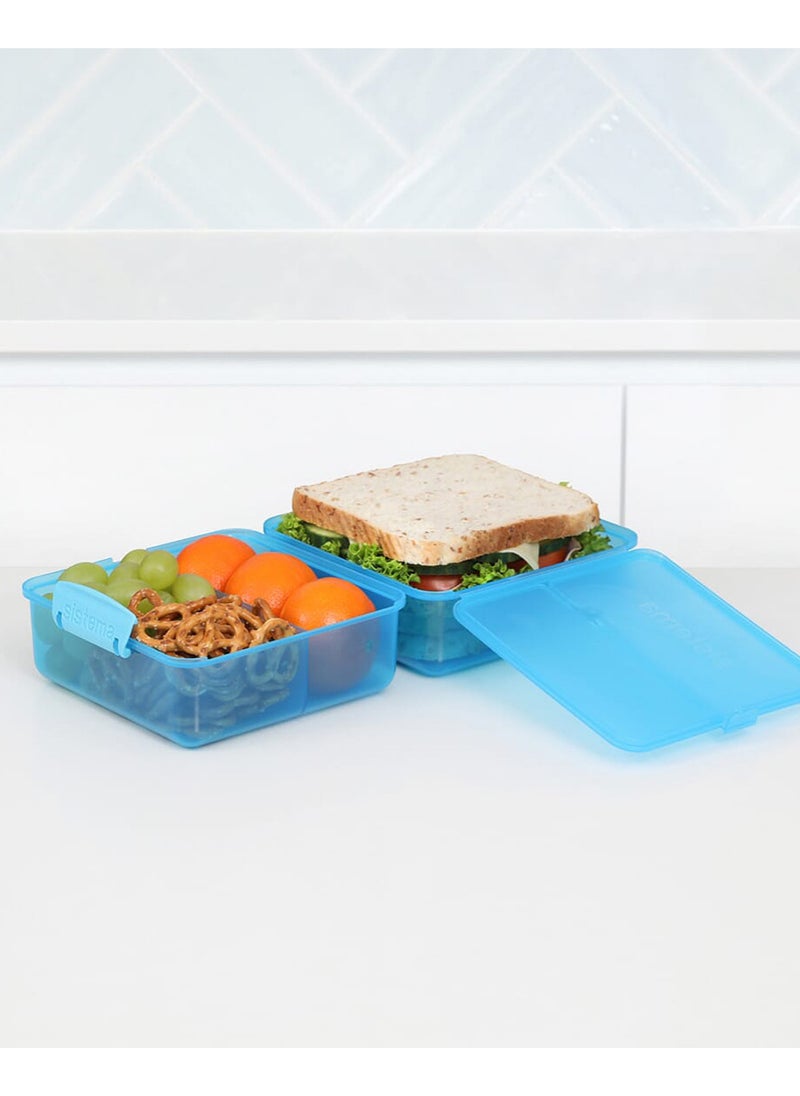 sistema - Sistema Lunch Cube Coloured 1.4L Two level Food Storage Box with multiple compartments and easy locking clips. Is Microwave & Dishwasher Safe and BPA Free, Blue , Made In New Zealand - Image 1
