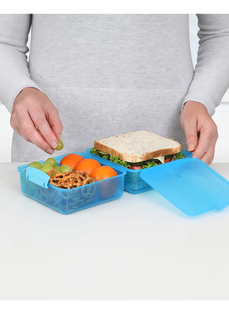 sistema - Sistema Lunch Cube Coloured 1.4L Two level Food Storage Box with multiple compartments and easy locking clips. Is Microwave & Dishwasher Safe and BPA Free, Blue , Made In New Zealand - Image 1