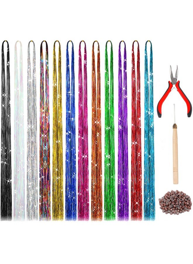FEBSNOW 120cm Hair Tinsel with Tool 12 Colours 2400 Strands Hair Tinsel Kit Glitter Hair Extensions for Women Girls - Image 1